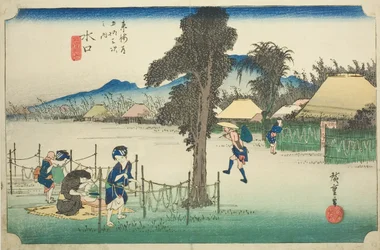 Minakuchi: Encenalls de carbassa seca, una especialitat local (Minakuchi, meibutsu kanpyo), de la sèrie "Cinquanta-tres estacions del Tokaido (Tokaido gojusan tsugi no uchi)", també conegut com el Hoeido Tokaidofinnish