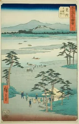 Mitsuke: Lautta Tenryu-joella (Mitsuke, Tenryugawa funewatashi), nro 29 sarjasta "Famous Sights of the Fifty-three Station (Gojusan tsugi meisho zue)", joka tunnetaan myös nimellä Vertical Tokaido