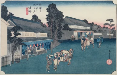 Narumi: paikallinen Arimatsu Shibori -kangaskauppa sarjasta "Fifty-three Stations on the Tokaido", n. 1834-35 (värillinen puupainatus)