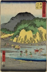 Nro 18 Satta-vuoren juurella Okitsu-joen varrella, Okitsu, heinäkuu 1855.