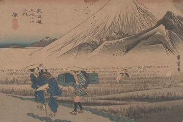 Nro 14 "Hara: Fuji aamulla" sarjasta "Tōkaidōn 53 asemaa", n. 1833