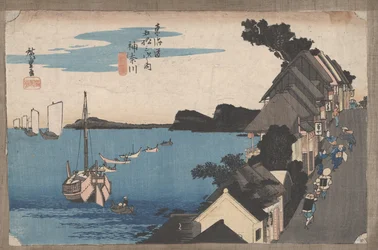 Nro 4 "Kanagawa: Näkymä rantakadulta" teoksesta The 53 Stations of the Tokaido, noin 1833.