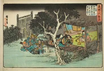 Nro 6: Ise no Saburo vannoo uskollisuutta Ushiwakamarulle (Rokukai, Ise no Saburo ga kakurega ni yadorite Ushiwakamaru shuju o yakusu), sarjasta "Yoshitsunen elämä (Yoshitsune Ichidaiki no uchi)"