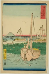 Tsukudan saaren edustalla itäisessä pääkaupungissa (Toto Tsukuda oki), sarjasta "Kolmekymmentäkuusi näkymää Fuji-vuorelle (Fuji sanjurokkei)"