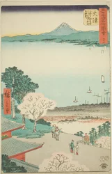 Otsu: Kaukainen näkymä Otsulle ja järvelle Mii-temppelin Kannon-salista (Otsu, Miidera Kannondo Yori Otsu No Machi Kosui Chobo), nro. 54 sarjasta "The Famous Sights of the Fifty-three Station (Gojusan Tsugi Meisho Zue)," tunnetaan myös nimellä Vertical To
