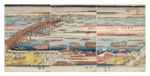 Panoraamanäkymä kesäiltaan Ryogokun sillalla, n. 1832-34 (puupalikka)