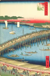Ryogoku Bridge and the Great Riverbank, nro 59 Sata kuuluisaa Edon näkymää, 1856 (puupalikkaväripainatus)
