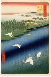 Sakasai-lautta, kilpi 67 sarjasta Sata kuuluisaa Edon näkymää, Edo-kausi, Ansei-aika, 1857 (puupainatus)