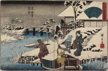 Snow Scene Mokubo-jin temppelissä ja Uekiya-ravintolassa, n. 1835-1842