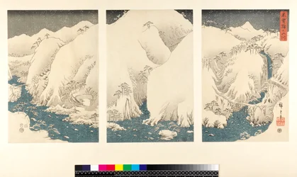Lumimyrsky Kison vuoristossa ja joissa, (sanmaitsuzuki - triptyykki, yoko-e - vaakamuoto, värillinen puupainatus)