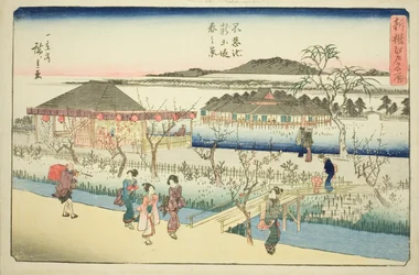 Kevätnäkymä Shinobazu-lammen uudelle pengerrykselle (Shinobazu ike shin dote haru no kei), sarjasta "Äskettäin valitut kuuluisat paikat Edossa (Shinsen Edo meisho)"