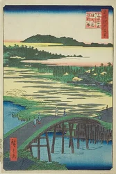 Sugatamin silta, Omokagen silta ja sorakuoppa Takatassa (Takata Sugataminohashi Omokagenohashi jariba), nro 116 sarjasta "Sata kuuluisaa näkymää Edosta (Meisho Edo hyakkei)".