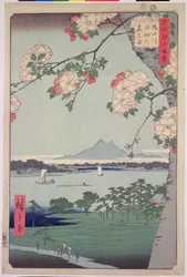 Suigin Grove ja Masaki, Sumida-joella, teoksesta "Sata kuuluisaa näköalaa Edoon (Tokio)", 1856