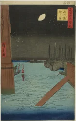 Näkymä Tsukudan saarelle Eitain sillalta (Eitaibashi Tsukudajima), sarjasta "Sata kuuluisaa näkymää Edosta (Meisho Edo hyakkei)".