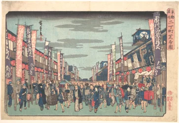 Näkymä Sakai-chon kabukiteattereihin uuden kauden avajaispäivänä (Sakai-cho Shibai no Zu), sarjasta "Toto Meisho"