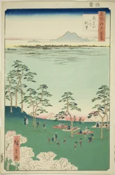 Näkymä ja Te rth Asuka Hikilista (Asukayama Kita no Chobo), Te-sarjasta `` Ridge dre d Fa nets Views of Edo (Sata kuuluisaa Edon näkymää)