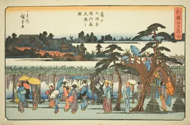 Wisteria täydessä kukassa Kameido Tenmangu -pyhäkön alueilla (Kameido Tenmangu keidai fuji hanazakari no zu), sarjasta "Uudet valitut kuuluisat paikat Edossa (Shinsen Edo meisho)"