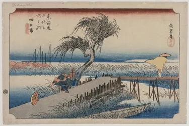 Yokkaichi: Näkymä Mie-joelle sarjasta The Fifty-Three Stations of the Tokaido, c1833-34.