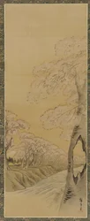 Maisema: kukkivat kirsikkapuut puron varrella, Edo-kausi, 1615-1868.