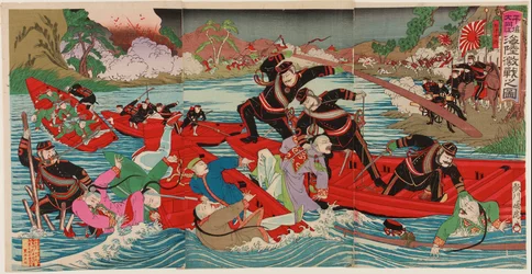 Batalla intensa a terra i mar al riu Taidong a Pyongyang, setembre de 1894 (impressió en xilografia; tinta i color sobre paper) finès