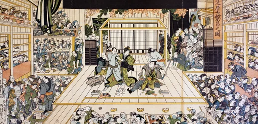 Kabuki-teatteriesitys Edossa, Utagawa Kunimarun (1794-1829) ukiyo-e-taidevedos, puupiirros, japanilainen sivilisaatio, Edo-kausi