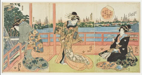 Shinmachi Osakassa: korkea-arvoiset kurtisaanit huvittelevat Ukamuse-ravintolassa sarjasta "Kuuluisia ravintoloita maakunnissa"