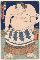 Muotokuva sumopainijasta Shiranui Mitsuemonista (1825-1879) rituaaliesiliinalla. Painos Utagawa Kunisada II (1823-1880)