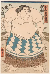 Muotokuva sumopainijasta Shiranui Mitsuemonista (1825-1879) rituaaliesiliinalla. Painos Utagawa Kunisada II (1823-1880)