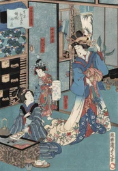Kunisada II:n ukiyo-e-painokuva geishasta hibachin äärellä, noin 1860