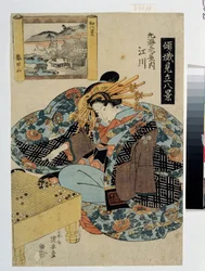 Maruebiya-talon Egawa (sarja kurtisaaneista, jotka esittävät 8 Japanin näkymää). Egawa Maruebiya Housesta (sarjasta The Courtesans personifying The eight views of Japan). Painos Utagawa Yasugoro Kuniyasu (1794-1832), noin 1820. Ukiy