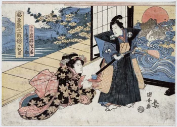Japani, Chushinguran toinen näytös, tarina 47 Roninista (tai 47 samuraista): Rikiya, miekka ja viuhka kädessään, seisoo lattialla polvistuvan Konamin vieressä ja tarjoaa tälle kupin teetä, kaiverrus Utagawa Kuniyasu.