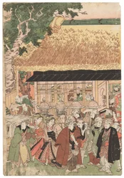 Ryhmä näyttelijöitä matkalla Oji (Inari jinja) -pyhäkköön uudenvuodenpäivänä, signeerattu Kuniyoshi, kiwame sinetti, Oban tate-e triptyykki (värinen puupalikkaprintti)