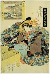 Egawa Maruebiya-talosta, kuvitus sarjasta "Kurtisaanit, jotka personoivat Japanin kahdeksan näkymää", n. 1829 (värillinen puupiirros)