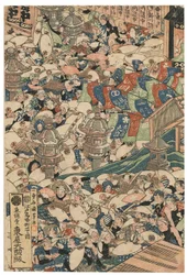 Pyhiinvaeltajat Oyaman Roben-vesiputouksella, signeerattu Ichiyusai Kuniyoshi, julkaisija Azumaya Daisuke, kiwame sinetti, Oban tate-e triptyykki (värillinen puupalikkaprintti)