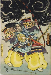 Arkki värillisestä puupalikkakuvioisesta triptyykistä, joka kuvaa Minamoto no Yorimasaa, Ii Hayatan ja Watanabe Choshichin avustuksella, ampumassa nue alas keisari Konoen palatsin katolta: Japani, Edo, kirjoittanut Utagawa Kuniyoshi, n. 1820-1825