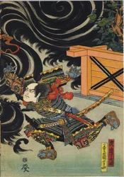Arkki värillisestä puupalikkakuvioisesta triptyykistä, joka kuvaa Minamoto no Yorimasaa, Ii Hayatan ja Watanabe Choshichin avustuksella, ampumassa nue alas keisari Konoen palatsin katolta: Japani, Edo, kirjoittanut Utagawa Kuniyoshi, n. 1820-1825