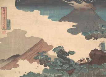 Näkymä Asama-vuorelle Usuin solalta, n. 1850.