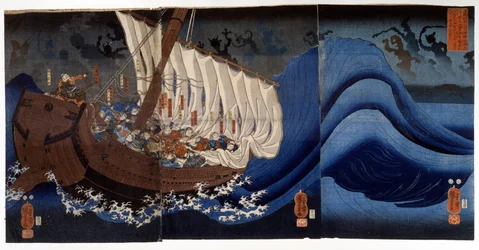 Yoshitsune Minamoto hyökkäsi kuolleiden vihollisten spektrien kimppuun. Utagawa Kuniyoshin maalaus, 1800-luvun alku.