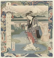 Nainen pesee vaatteita joessa Chôbû-joki Musashissa, numero neljä Musashi - sono yon (otsikko esineessä) The Six Jewel Rivers (sarjan nimi) Mutamagawa no uchi (sarjan nimi esineessä)