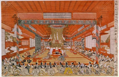 Shintolaisuusseremonia, joka kuvaa Japanin vanhimman uskonnon, shintopalvon seremonia. Utagawa Toyoharun (1735-1814) japanilainen printti. Pariisi, Guimetin museo, Aasian taiteen museo.