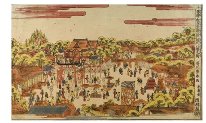 Perspektiivikuva Hachiman-pyhäköstä Fukagawa-joen varrella, n. 1770-1780 (puupainatus paperille)