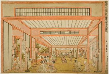 Näkymät vastaanottohuoneista Japanissa - Rotan päivän viihdettä moderniin tyyliin (Uki-e wakoku keiseki ozashiki imayo ne no hi no asobi no zu)