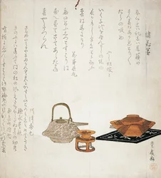 Uudenvuoden lounas, Utagawa Toyohiron (1773-1829) surinomo-puupiirros Sai Mochiyon runolla ja viisi muuta Fujimatsu Yomekon, Banij Nagamarun, Kawazu Kenemarun, Homizu Kinshun ja Moxchinarin runoa, Japani