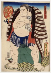 "" Länsirannikon sumopainija Kagamiiwan muotokuva" (Länsipuolen sumopainija Kagamiiwa) Utagawa Toyokunin syväpaino (1769-1825) säe 1847 Yksityinen kokoelma