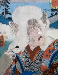 Muotokuva Kabuki-teatterinäyttelijästä Morita Karyasta zoomorfisessa maskissa, Utagawa Toyokunin (1769-1825) ukiyo-e-taidevedos, puupiirros, japanilainen sivilisaatio, Edo-kausi