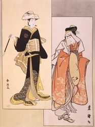 Näyttelijöiden muotokuvia lavalla, noin 1794-1796, Shun-Yein (1700-luvun loppu) ja Utagawa Toyokunin (1769-1825) ukiyo-e, puupiirrosten jäljennös, japanilainen sivilisaatio, Edo-kausi (1603-1868)