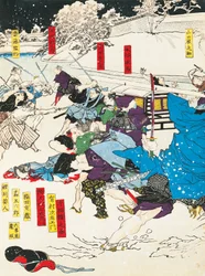 Lumen taistelu, Samurai puolustamassa japanilaista linnoitusta, Utagawa Toyokuni, puupiirros