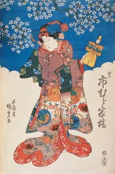 Nainen kimonossa, nukke ja tausta, koristeltu omenakukilla, Utagawa Toyokuni, puupiirros