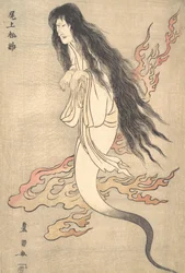 Onoe Matsusuke murhatun vaimon Oiwan haamuna teoksessa Kauhutarina Yotsusta ..., 1812.