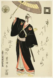 Näyttelijä Ichikawa Danjuro VI Sukerokuna näytelmässä "Omiura Date no Nebiki", joka esitettiin Nakamura-teatterissa kolmannella kuukaudella 1799